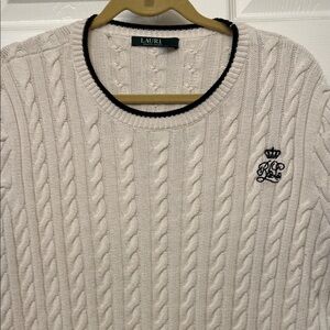 Ralph Lauren Cream Cable Knit Sweater with Black Trim and Crest